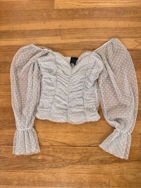 Madi Mase Women's Blue Gray Ruched Polka Dot Long Sleeve Top - Size XS
 b46